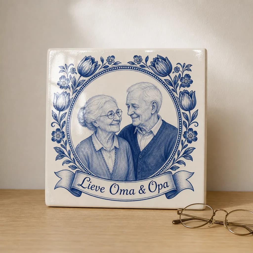 Fototegeltje als cadeau voor oma en opa, in een gestileerde scène