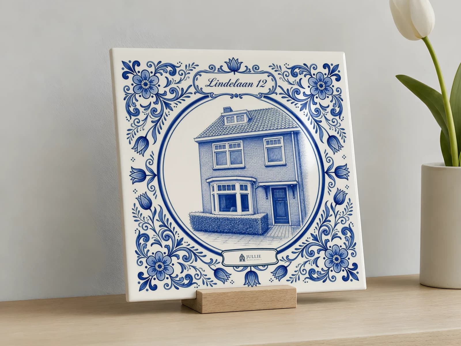 Delfts blauw tegeltje van een woning op een houten houder
