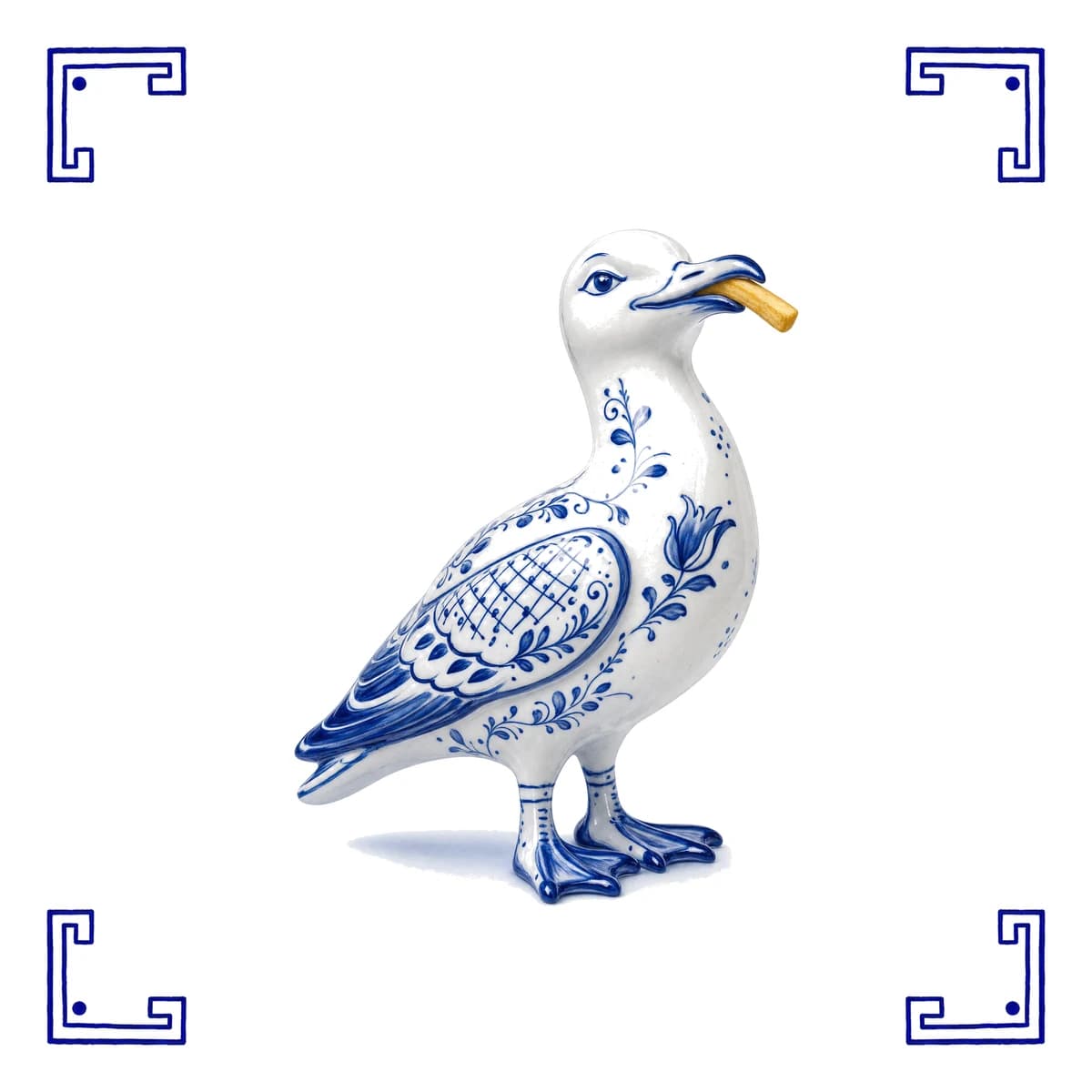 Meeuw met frietje – Delfts blauw tegeltje